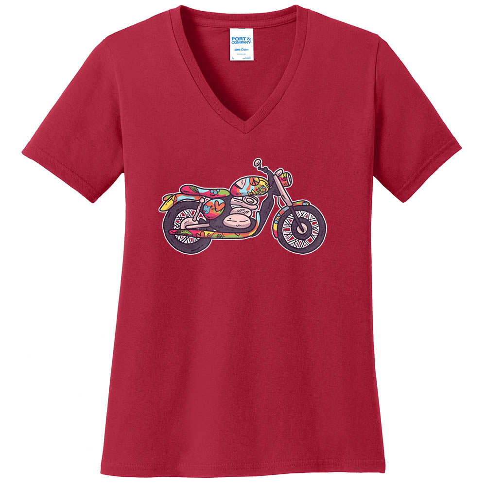 Peace And Love Bike Graphic Design Ladies V-Neck