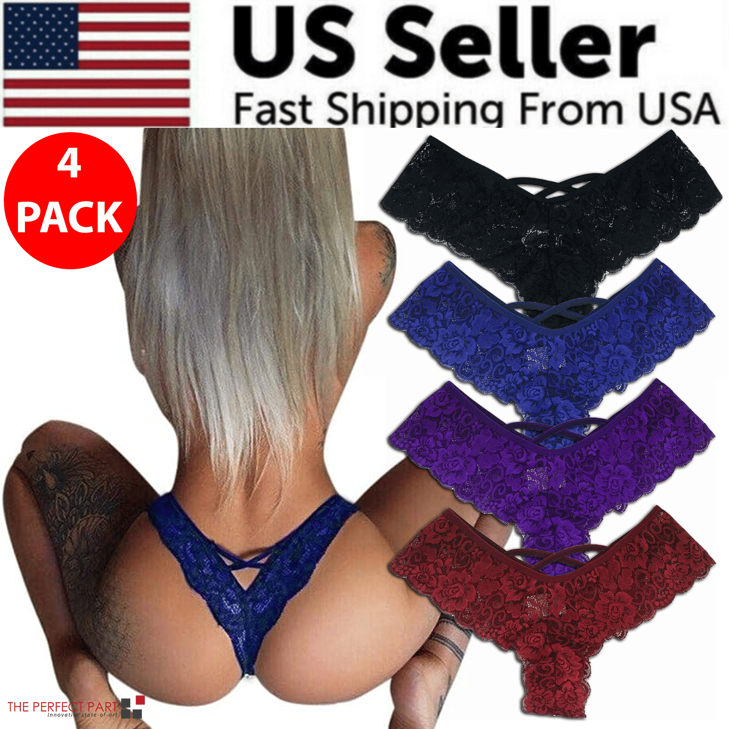 4 Pack Women’s Sexy Lace Thong Panties Plus Size | No-Show Stretch Lace