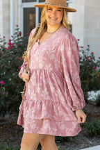 Peach Blossom Floral Surplice V Neck Tiered Ruffle Plus Size Dress