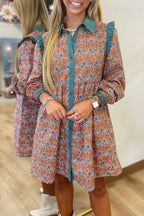 Orange Boho Floral Contrast Collared Shirt Mini Dress