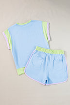 Rose Red Contrast Trim Cap Sleeve Tee Shorts Set