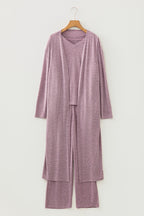 Delicacy 3pcs V Neck T Shirt Ribbon Knot Pants Open Duster 3pcs Lounge Set