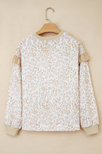 Khaki Ribbed Trim Ruffle Detail Leopard Round Neck Sweatshirt