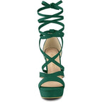 Allegra K Womens Size 8 Green 5.25" Heels Open Round Toe Lace Up Ankle Shoes