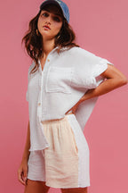 BiBi Wrinkled Gauze Solid Shirts Top and Shorts Set