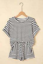 Black Stripe Knitted Short Sleeve Top and Drawstring Shorts Set