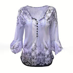 Women’s V-Neck 3/4 Sleeve Button-Front Tunic Blouse