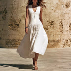 Sleeveless V-Neck Button Dress – Elegant Cotton-Linen Maxi Dress