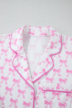 Pink Bowknot Print Shirt and Ruffle Hem Shorts Pajama Set