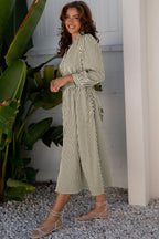 Black Stripe V Neck Zip Front Cinched High Waist Midi Dress