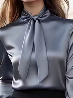 Satin Bow Tie Long Sleeve Blouse
