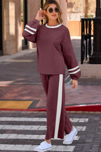 Gray Varsity Stripe Patchwork Puff Sleeve Pullover Drawstring Wide Leg Pant Set