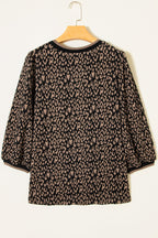 Black Leopard Print Puffy Bracelet Sleeve Contrast Trim Round Neck Top