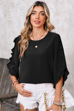 Black Frill Trim Plain Tulip Sleeve Blouse