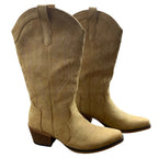 IUV Womens 9.5 Tan Faux Leather 2.25" Block Heel Mid Calf Pull On Cowboy Boots