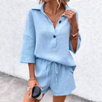 Women's Notch-Lapel Short-Sleeve Top & Belted Shorts Two-Piece Set