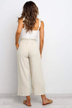 Khaki Paperbag Waist Straight Leg Cropped Pants