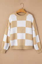 Dark Brown Plaid Bishop Sleeve Pullover Sweater