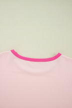Pink Color Block Stitching Sleeve Round Neck Oversize Top