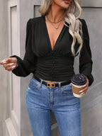 V-Neck Ruched Long Sleeve Blouse
