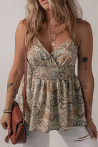 Khaki Paisley Printed Spaghetti Strap V Neck Smocked Babydoll Tank Top