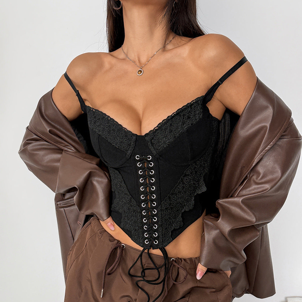 Womens Lace-Up Fishtail Underwire Camisole