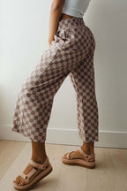 Khaki Tie Elastic Waist Checkered Loose Pants