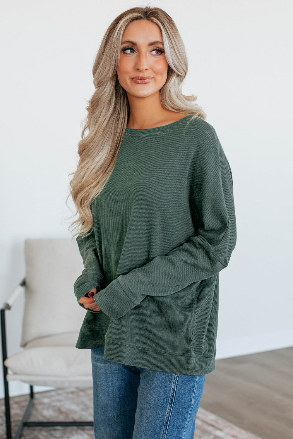 Dark Grey Waffle Knit Patchwork Long Sleeve Loose Top