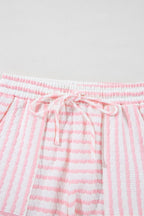 Stripe Knitted Short Sleeve Top and Drawstring Shorts Set