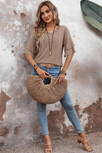 DUNE Solid Colour V-Neck Double Layer Sleeve Loose T-Shirt