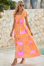 Pink Tie Strap Plaid & Striped Smocked Maxi Dress