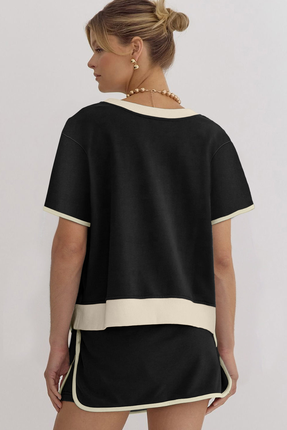 Black Colorblock Edge Drop Shoulder T Shirt and Skort 2Pcs Set