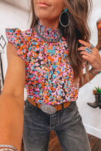 Orange Floral Print Shirred Stand Neck Flutter Shoulder Blouse