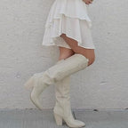 Vomira Womens Size 10 Cream Embroidered Knee High 4" Heel Cowboy Boot Shoes