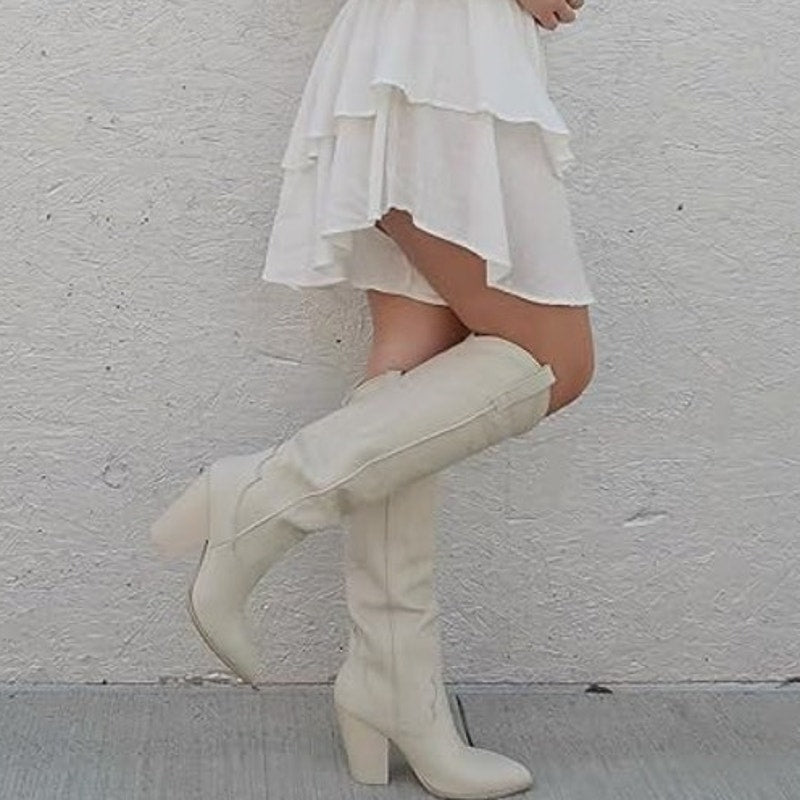 Vomira Womens Size 10 Cream Embroidered Knee High 4" Heel Cowboy Boot Shoes