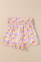 Pink Boho Floral Shirred High Waist Athletic Shorts