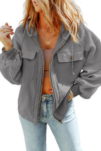 Green Flap Pockets Bishop Sleeve Zip Up Hoodie Jacket