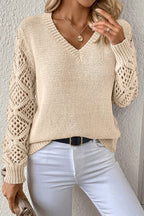 Black Solid V Neck Pointelle Knit Sleeve Patchwork Sweater