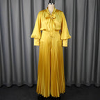 Sexy V-neck Bow Long Sleeve Top Elegant Pleated Wide Leg Trousers Suit