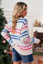 Khaki Striped Eyelet Pattern Drop Shoulder Sweater