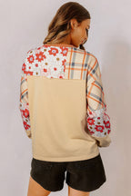 Parchment Floral Plaid Patchwork Henley Top