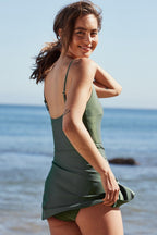 Mist Green Side Tied Waist Square Neck Adjustable Straps A-line One Piece Swim Dress