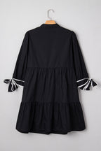 Black Contrast Trim Knot Cuffs Plus Size V Neck Mini Dress