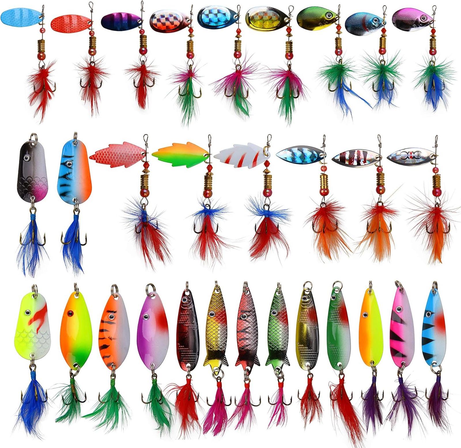 30pc Fishing Lure Set with Feathered Treble Hooks