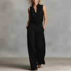 Women’s Linen Blend Two-Piece Set – Sleeveless Shirt & Wide-Leg Pants