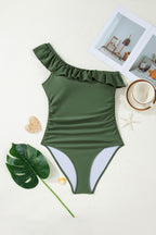 Color Black Solid Color Ruffle Trim Asymmetric Neck One Piece Swimsuit