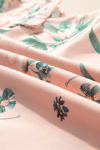 Pink Floral Print Frill V Neck Pleated Sleeve Blouse