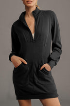Dark Grey Zip up Collared Ribbed Patchwork Sweatshirt Dress with Pockets
