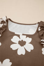 Brown Floral Textured Ruffled Short Sleeve Square Neck Blouse