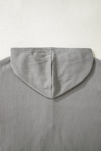Gray Waffle Patchwork Drawstring Hooded Long Sleeve Top